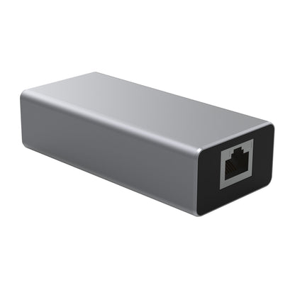 Plexgear CB1021 PoE-adapter USB-C, rektangulær metallic, med én Ethernet-port.