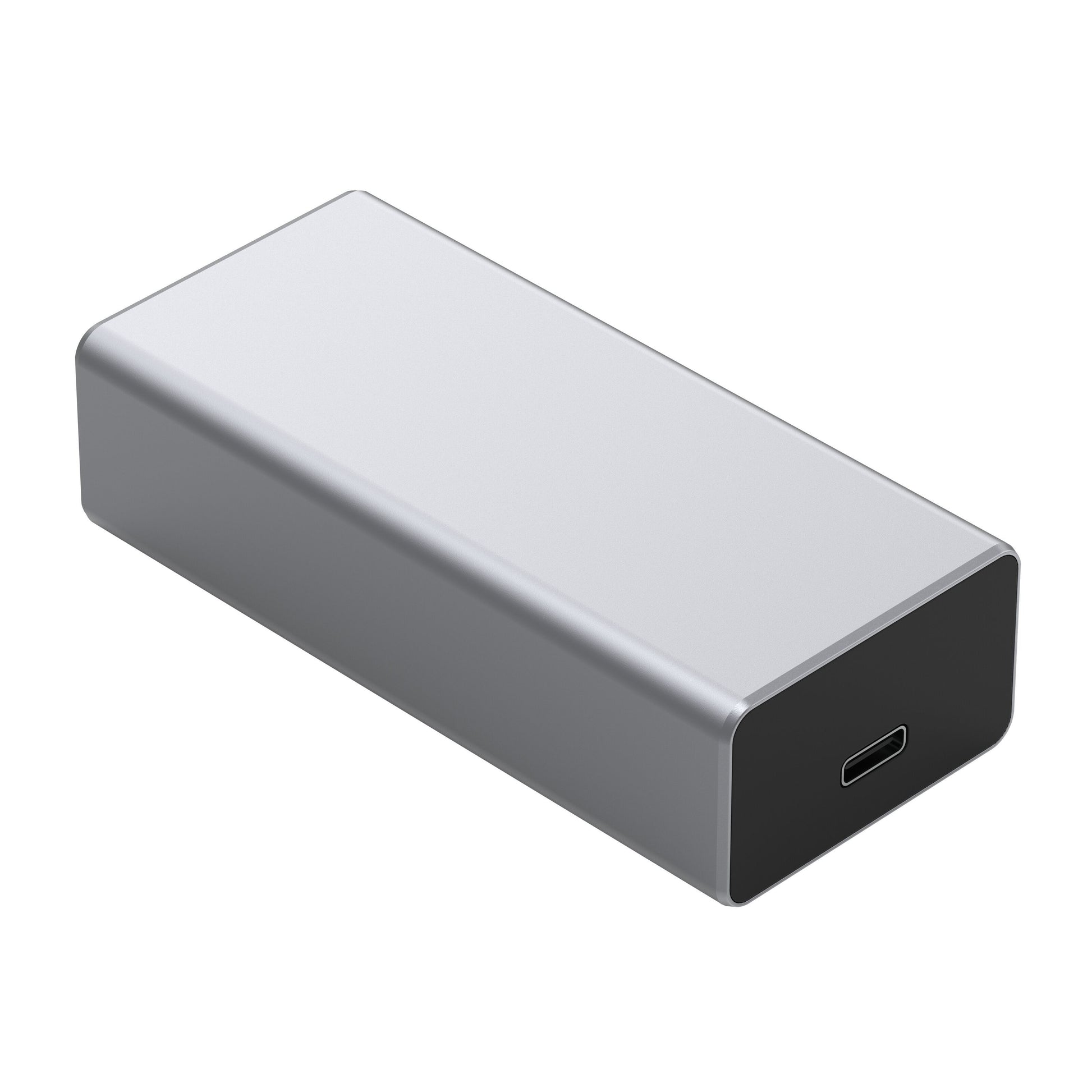 Plexgear CB1021 PoE-adapter, sølv og sort, rektangulær med én USB-C port til opladning og kablet netværk.
