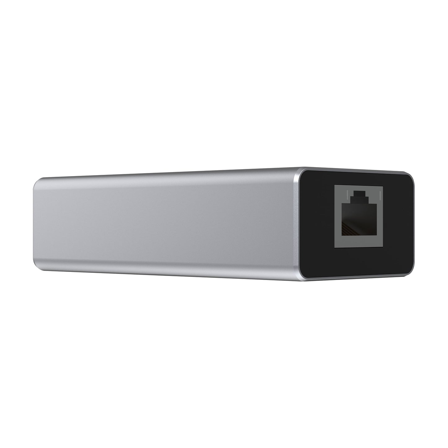 Plexgear CB1021 PoE-adapter USB-C, rektangulær, sølv med sort front og Ethernet-port.