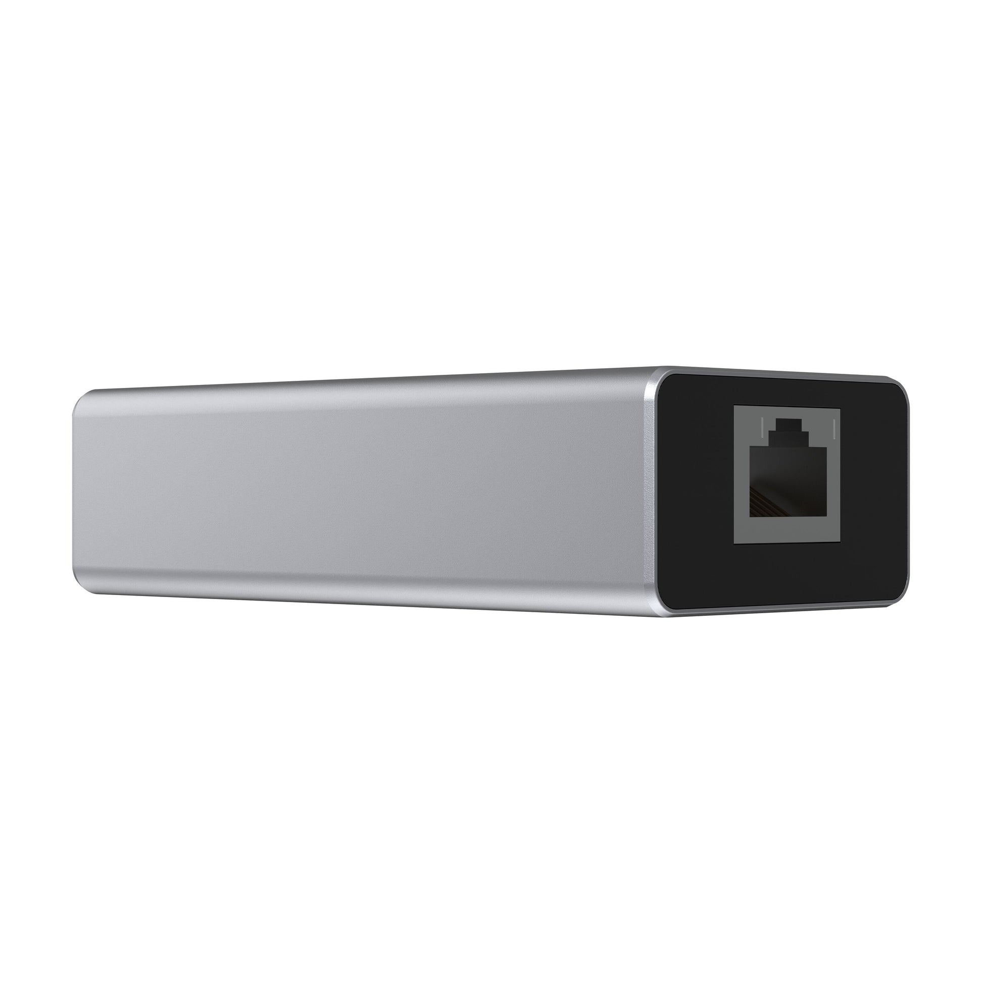 Plexgear CB1021 PoE-adapter USB-C, rektangulær, sølv med sort front og Ethernet-port.