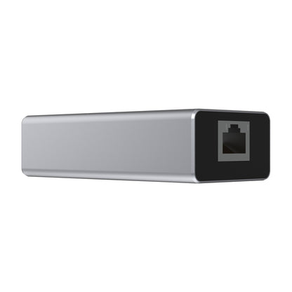 Plexgear CB1021 PoE-adapter USB-C, rektangulær, sølv med sort front og Ethernet-port.