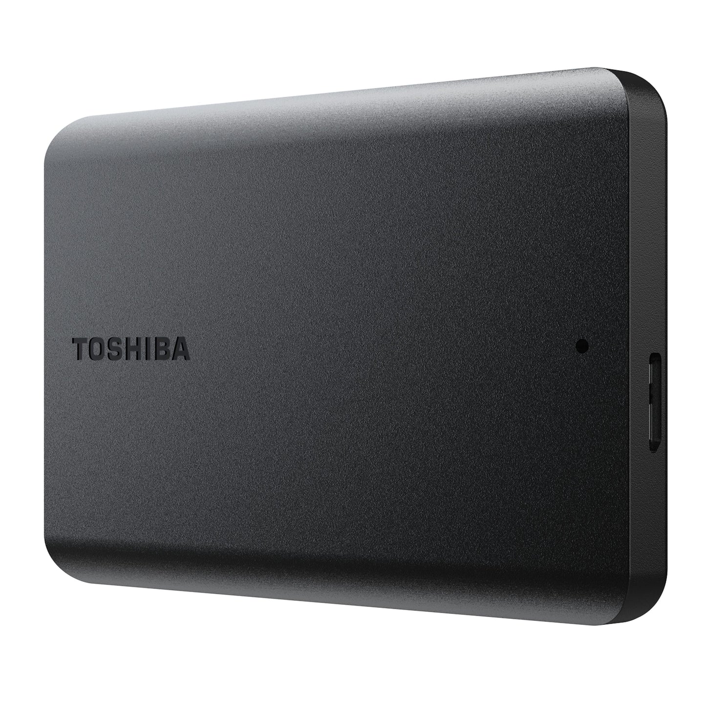 Toshiba Canvio Basics ekstern harddisk 4TB, sort med runde kanter, logo foran, indikatorlys og USB-port på siden.