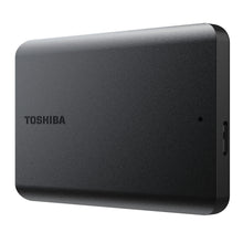 Toshiba Canvio Basics ekstern harddisk 4TB, sort med runde kanter, logo foran, indikatorlys og USB-port på siden.