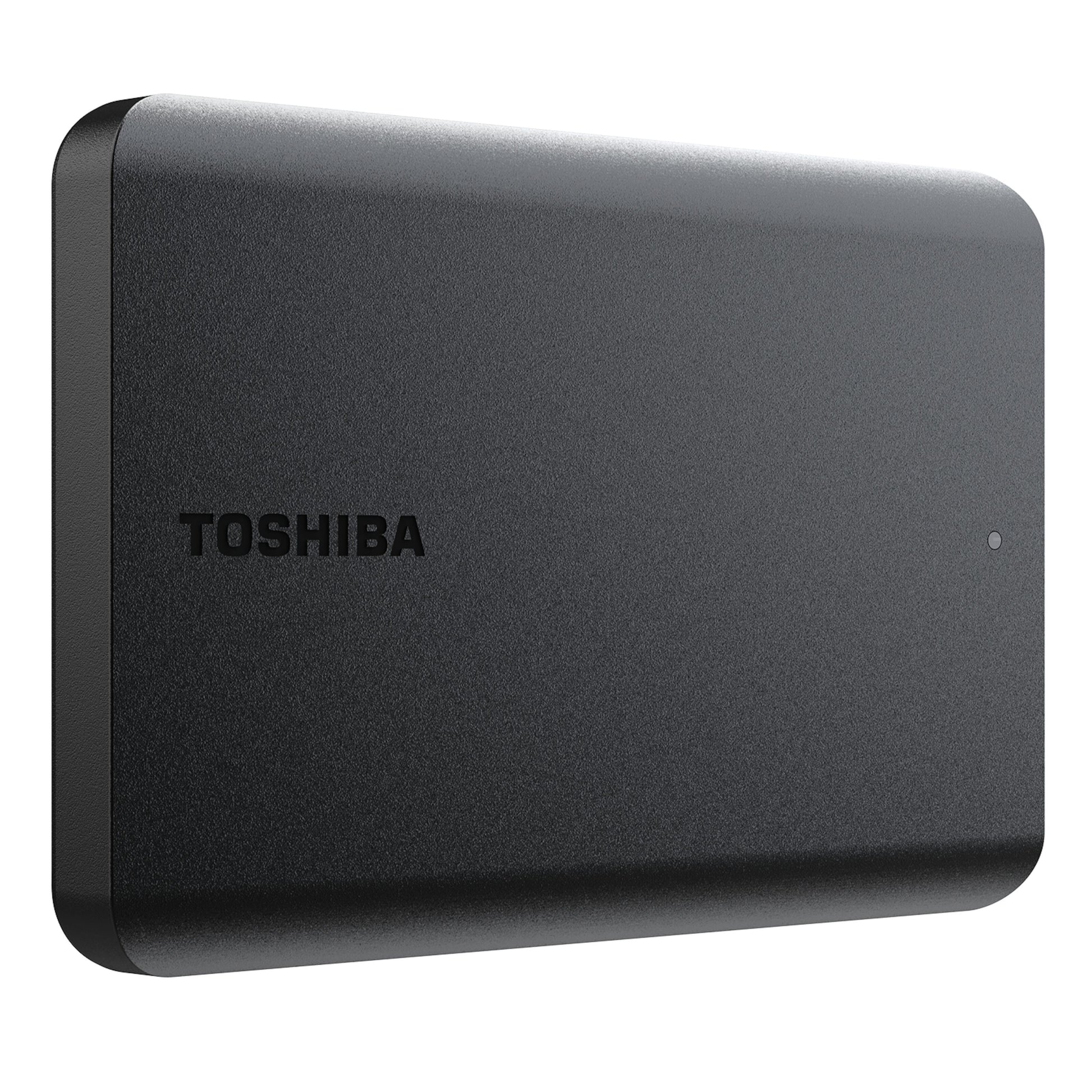 Toshiba Canvio Basics ekstern harddisk 4TB sort med lille LED-indikator på fronten, ses i vinklet visning.