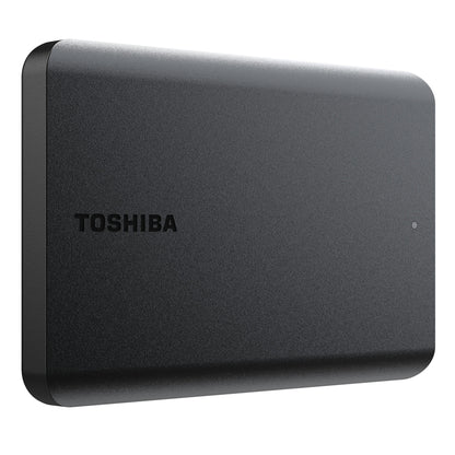 Toshiba Canvio Basics ekstern harddisk 4TB sort med lille LED-indikator på fronten, ses i vinklet visning.