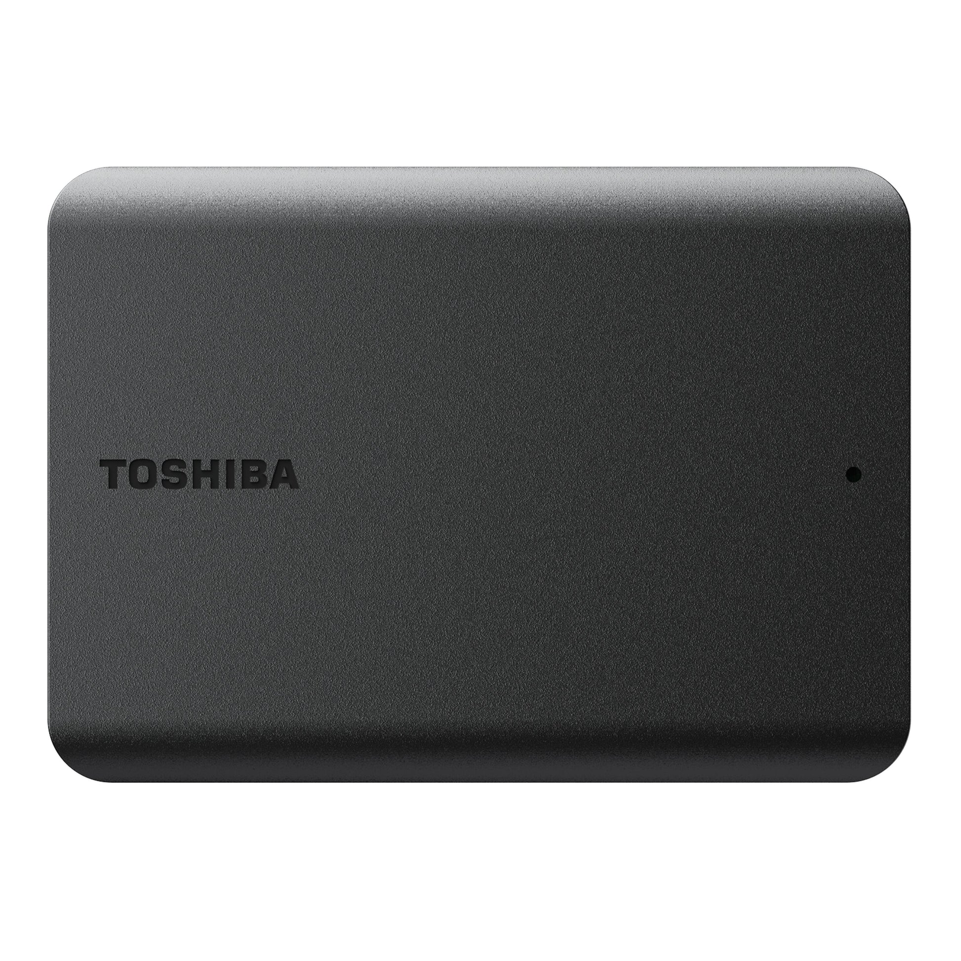 Toshiba Canvio Basics ekstern harddisk 4TB, mat sort, afrundede hjørner, LED-indikator til højre.