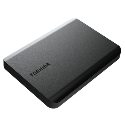 Toshiba Canvio Basics ekstern harddisk 4TB, slankt rektangulært design, mat sort og grå.