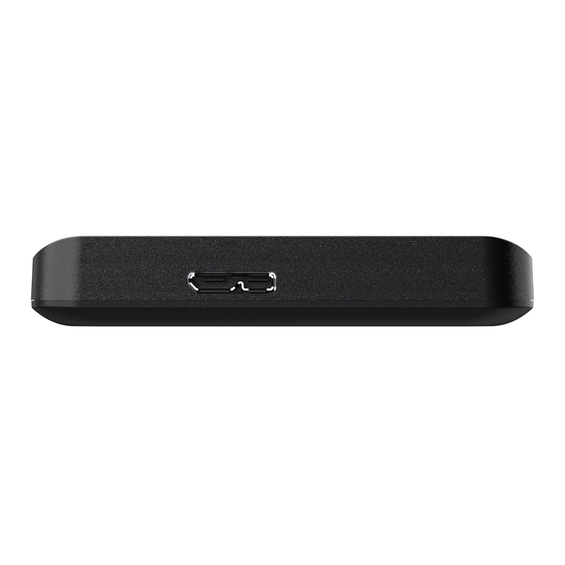 Toshiba Canvio Basics ekstern harddisk 4TB, sort, sat fra siden med USB-C port centralt på kanten.