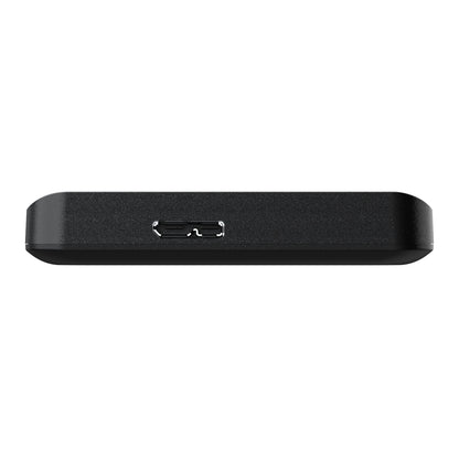 Toshiba Canvio Basics ekstern harddisk 4TB, sort, sat fra siden med USB-C port centralt på kanten.