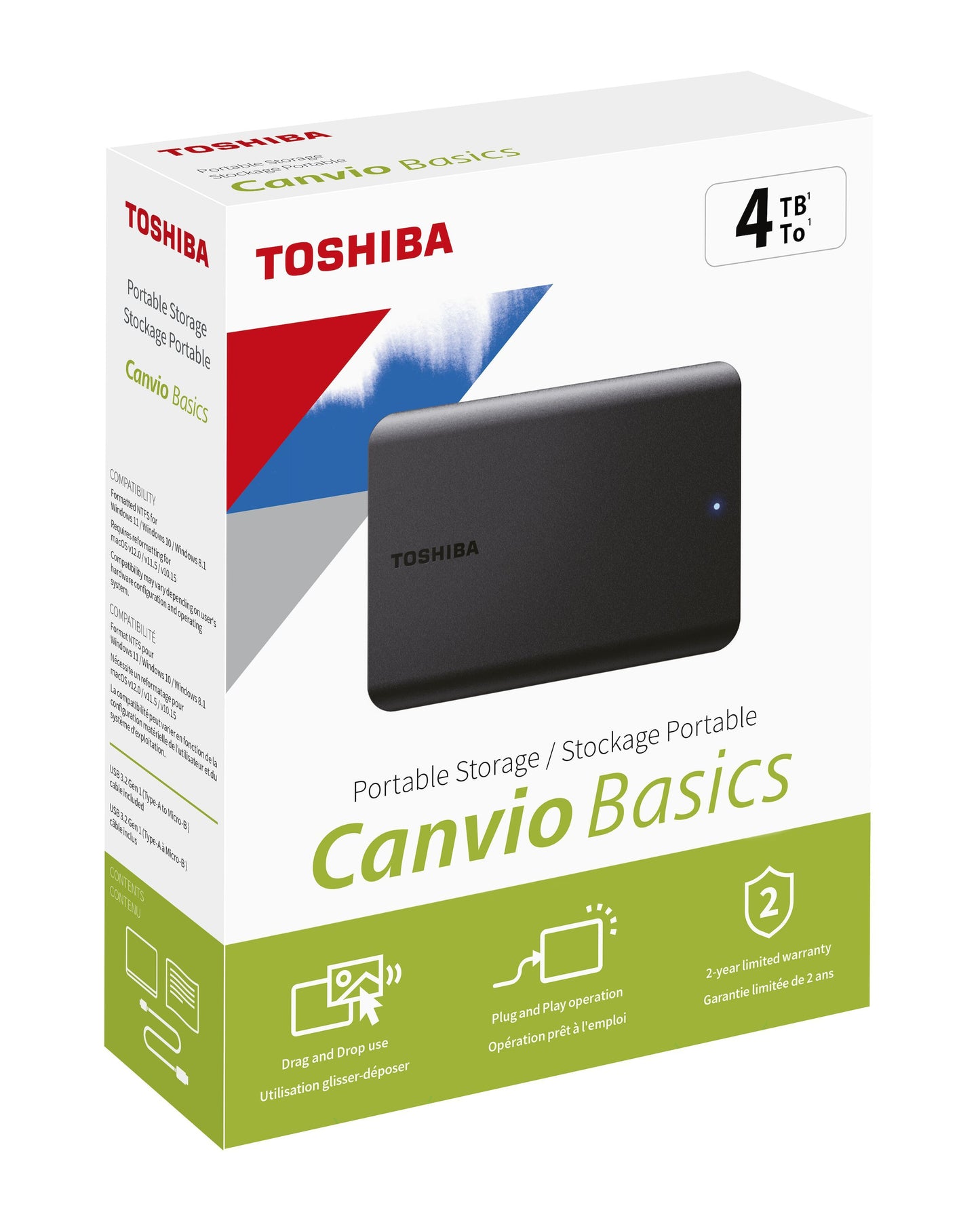 Toshiba Canvio Basics ekstern harddisk 4TB, drag-and-drop, plug-and-play, 2 års garanti, sort æske med logo.