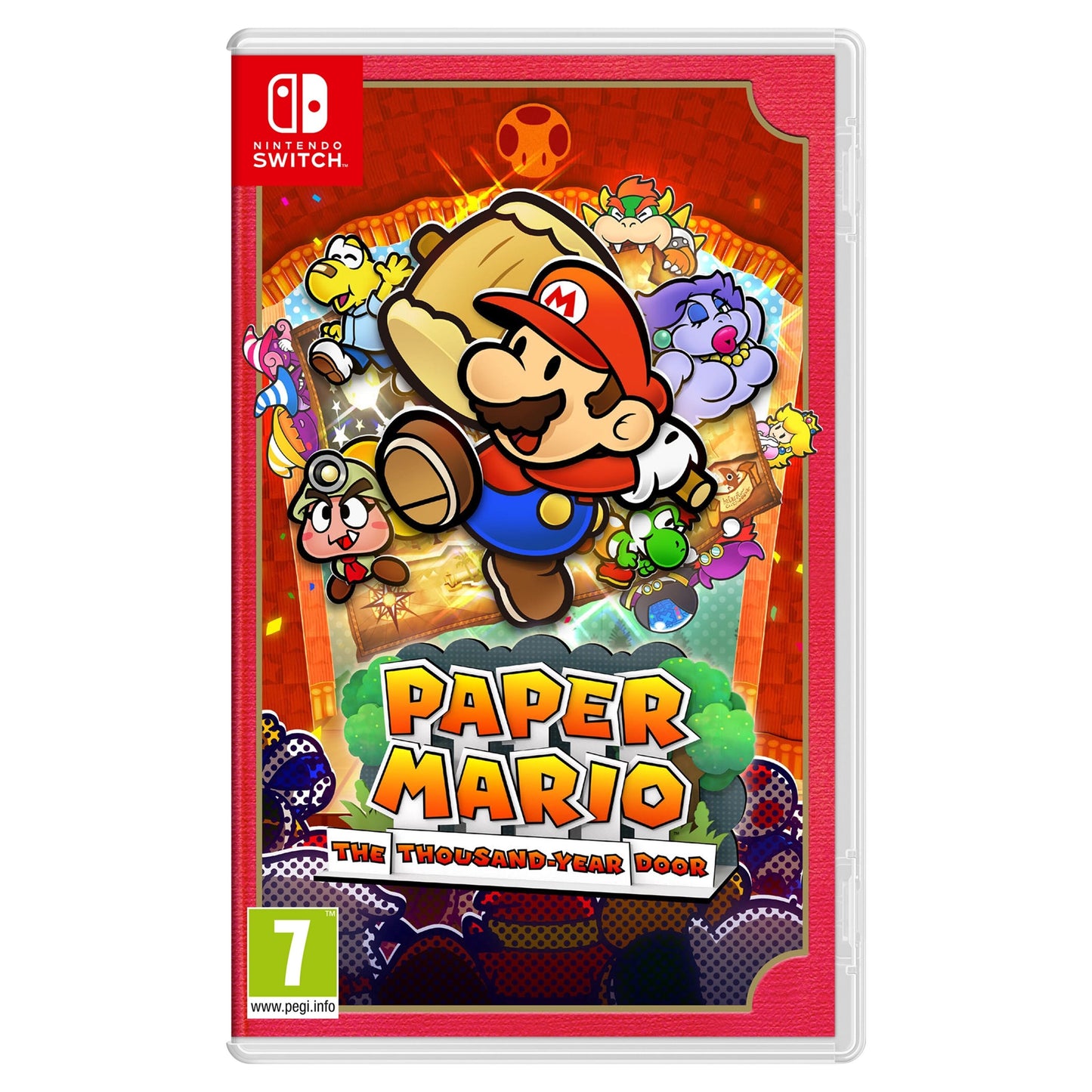 Nintendo Paper Mario The Thousand-Year Door-cover med Mario og figurer i farverigt papiragtigt design.