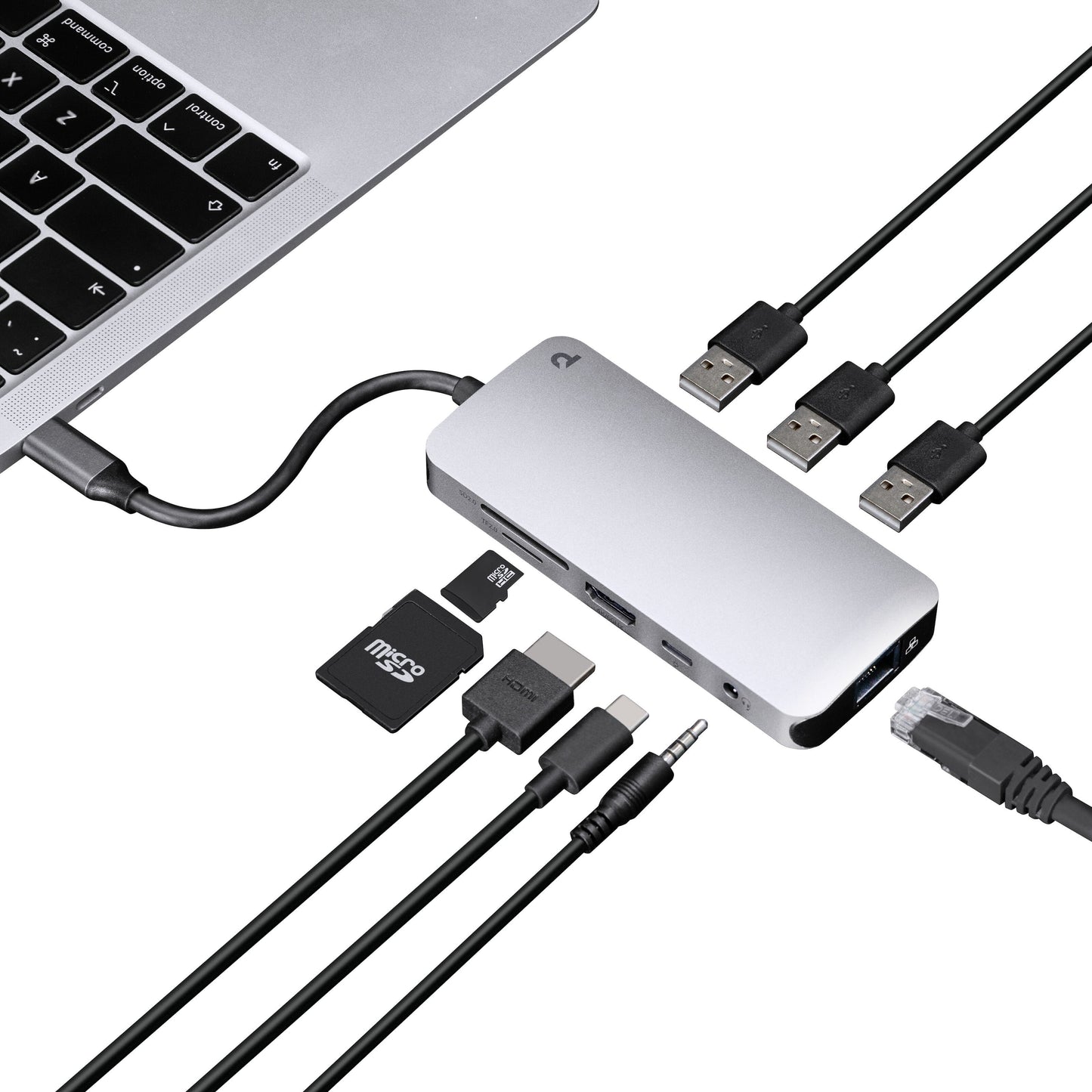 USB-C multiadapter 100 W passthrough 9 porte sølv til USB, HDMI, Ethernet, lydjack, SD og microSD tilslutning.