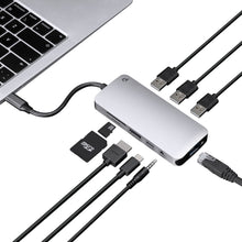 USB-C multiadapter 100 W passthrough 9 porte sølv til USB, HDMI, Ethernet, lydjack, SD og microSD tilslutning.
