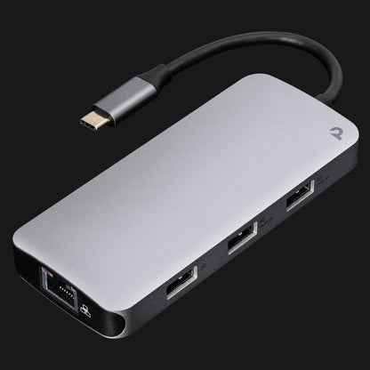 Plexgear USB-C Multiadapter med 9 porte, USB-C kabel, Ethernet, USB-A, HDMI, 100 W passthrough, grå/sort.