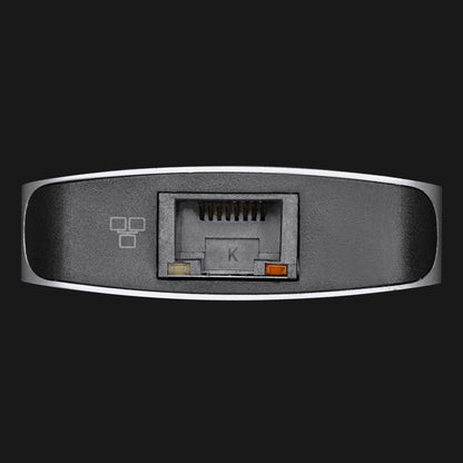 Plexgear USB-C Multiadapter sort med 9 porte, Ethernet-port i nærbillede, synlige metalliske stik og gule/orange LED-indikatorer.
