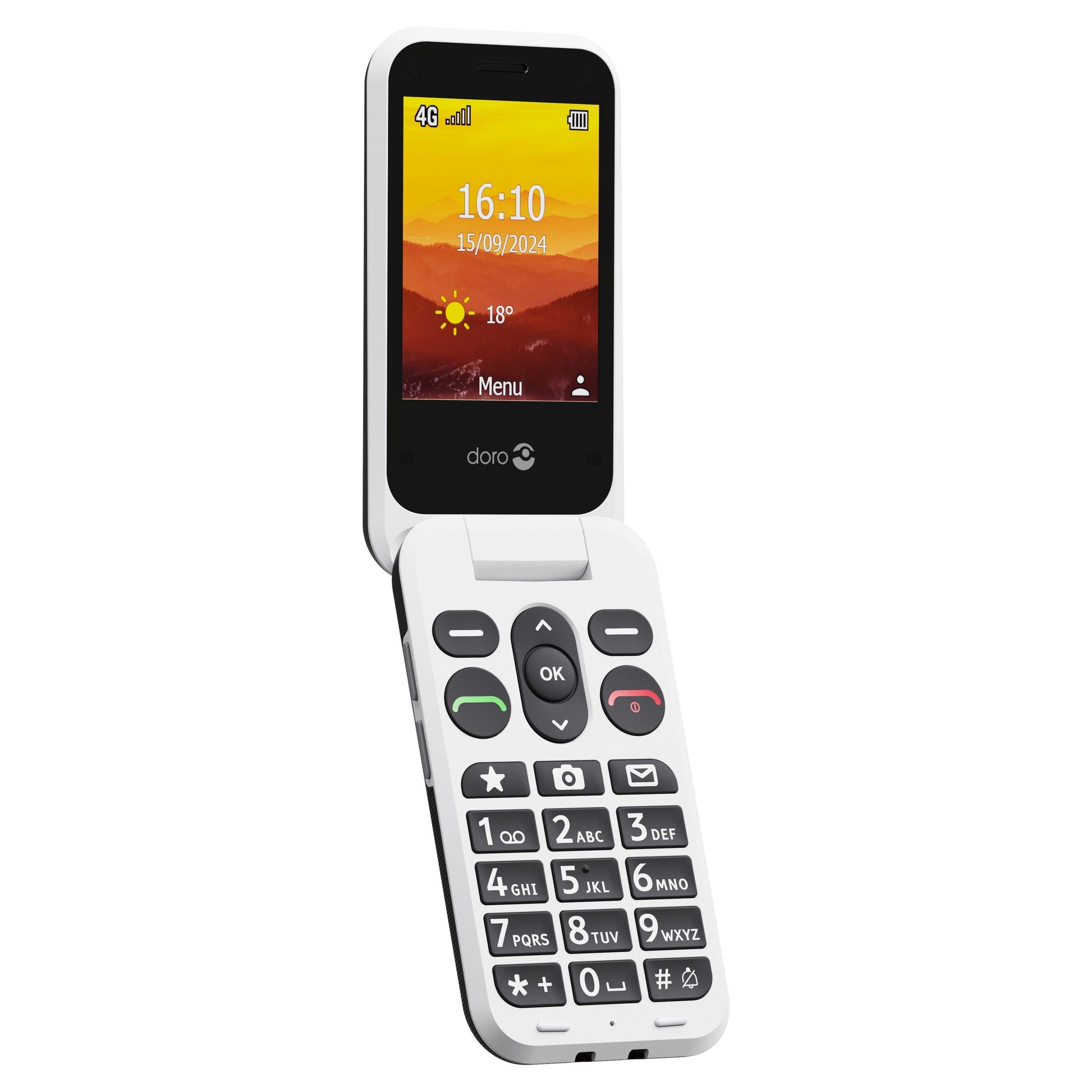 Doro Leva L21 4G hvid klaptelefon med farvedisplay, viser tid, dato, signal og vejr, gemmer sorte knapper med hvide tal.