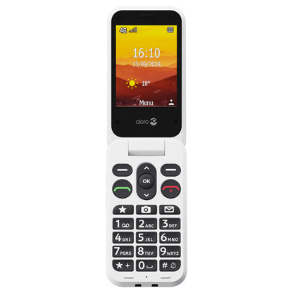 Doro Leva L21 4G mobiltelefon med stor farveskærm, tid/dato/vejr, sorte knapper med hvid tekst, cirkulært navigationshjul.