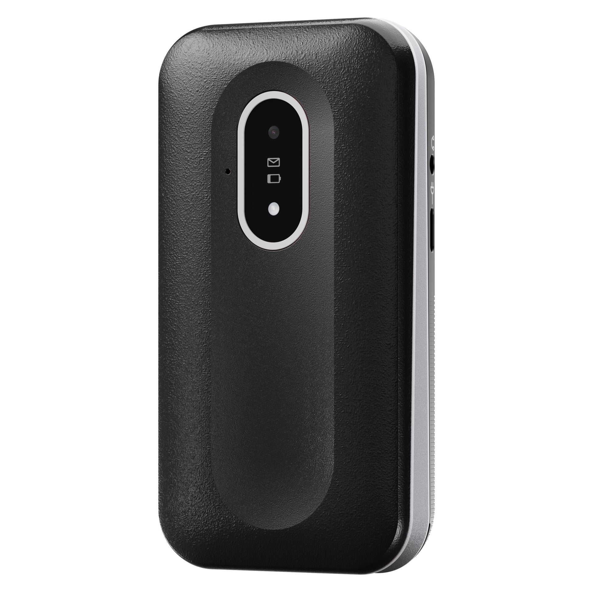 Doro Leva L21 4G mobiltelefon, sort, tekstureret overflade, oval front med indikatorlys, sølvkant, sideknapper og porte.
