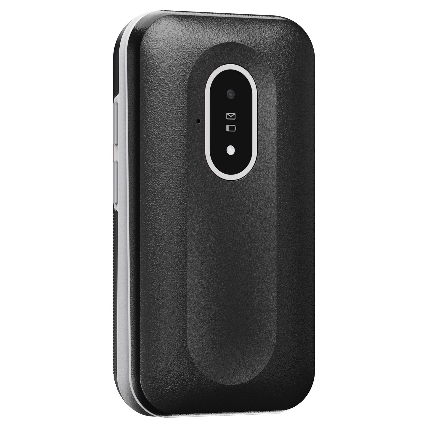 Doro Leva L21 mobiltelefon 4G, sort, rektangulær med afrundede kanter, oval skærm, frontknap, metallisk sidepanel.