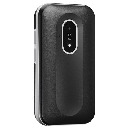 Doro Leva L21 mobiltelefon 4G, sort, rektangulær med afrundede kanter, oval skærm, frontknap, metallisk sidepanel.