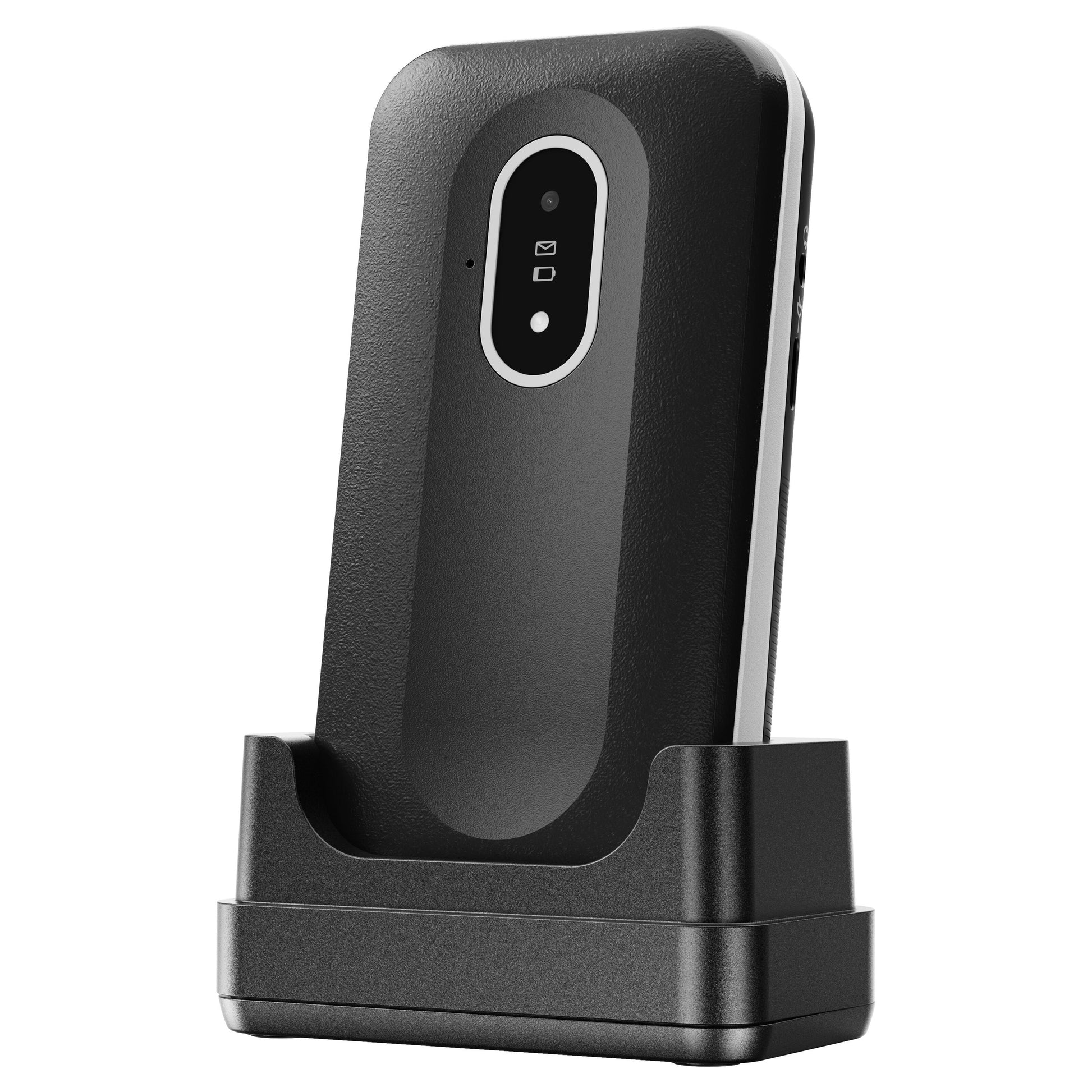 Doro Leva L21 mobiltelefon 4G sort, opretstående i sort ladestation med knapper og skærm, afrundet design.