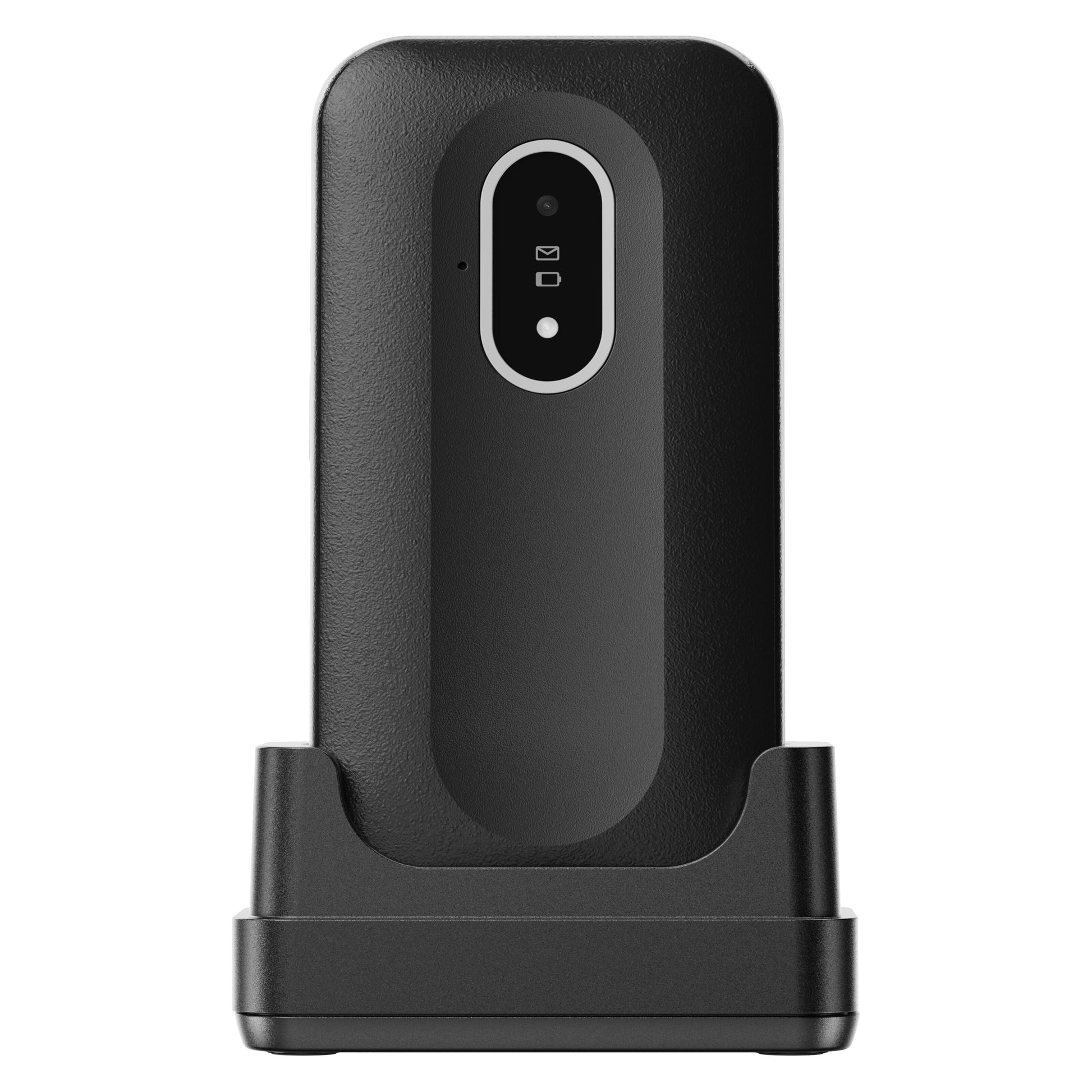 Doro Leva L21 4G mobiltelefon med bagkamera og notifikationsindikator, opretstående i sort opladerstation.