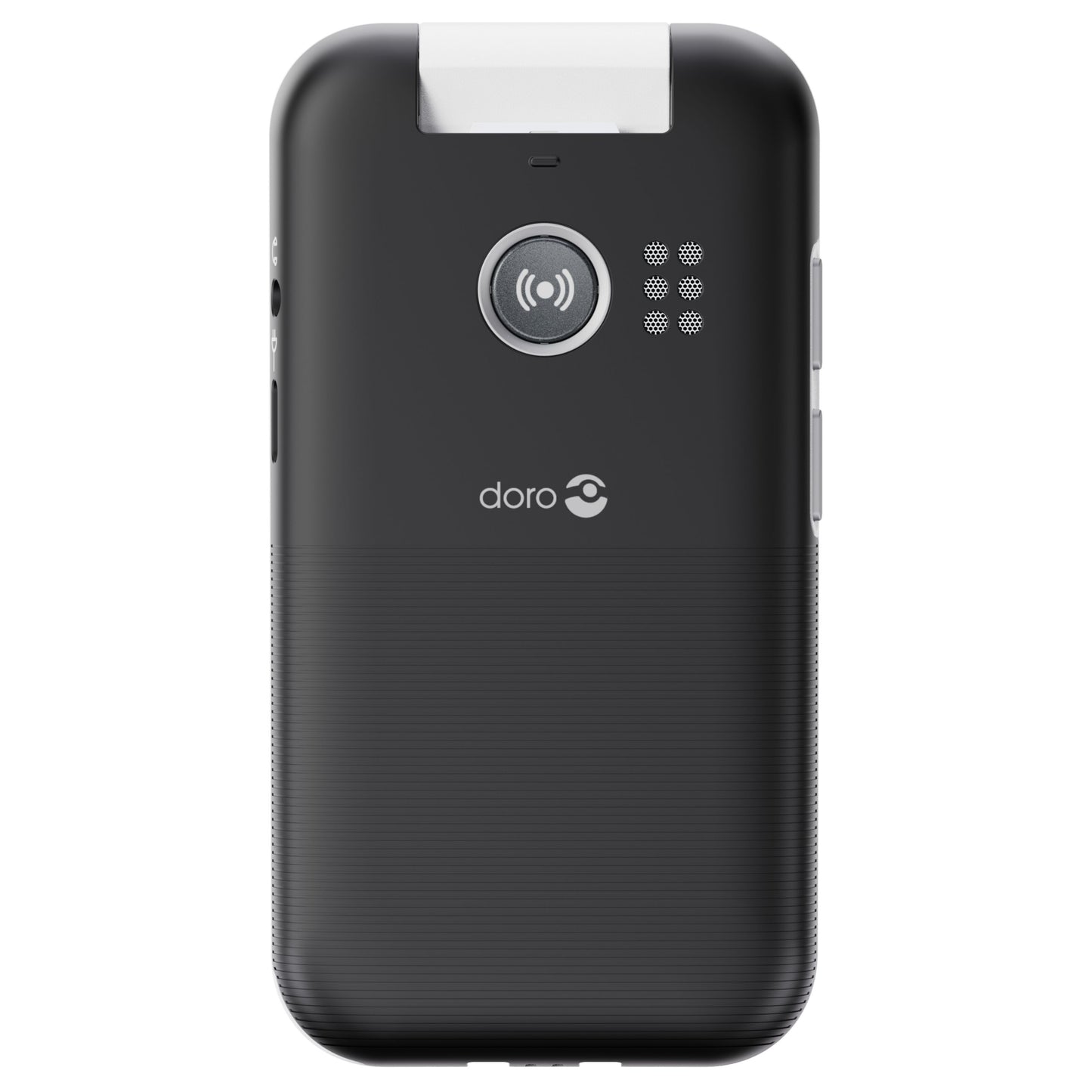 Doro Leva L21 mobiltelefon 4G sort, bagside med cirkulær højttaler, hvid top, Doro-logo og side-volumeknapper.