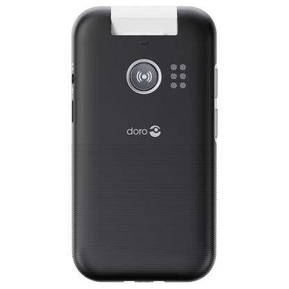 Doro Leva L21 mobiltelefon 4G sort, bagside med cirkulær højttaler, hvid top, Doro-logo og side-volumeknapper.