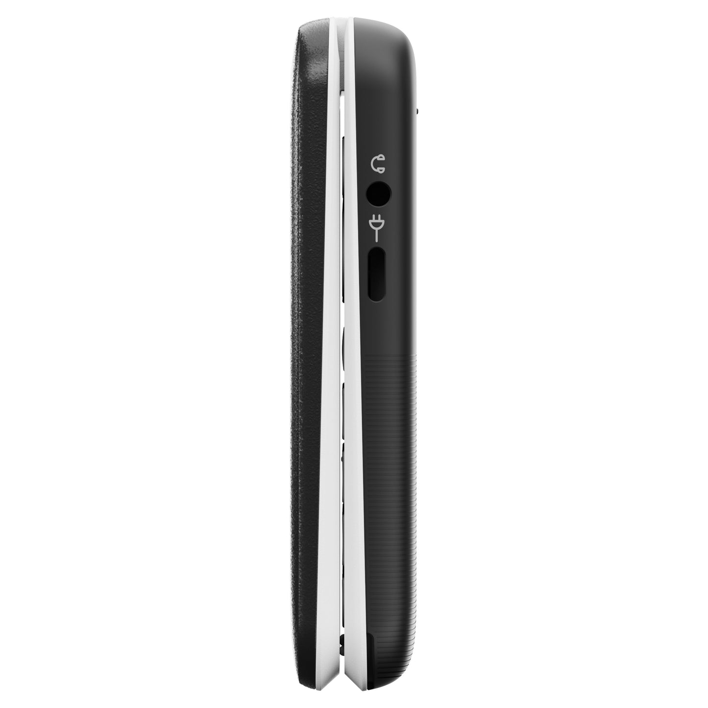 Doro Leva L21 mobiltelefon 4G sort/hvid, side, afrundede kanter, USB opladestik, jackstik.