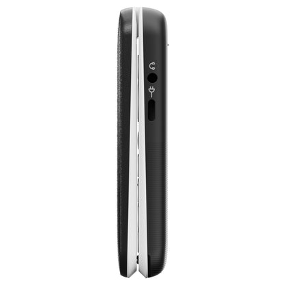 Doro Leva L21 mobiltelefon 4G sort/hvid, side, afrundede kanter, USB opladestik, jackstik.