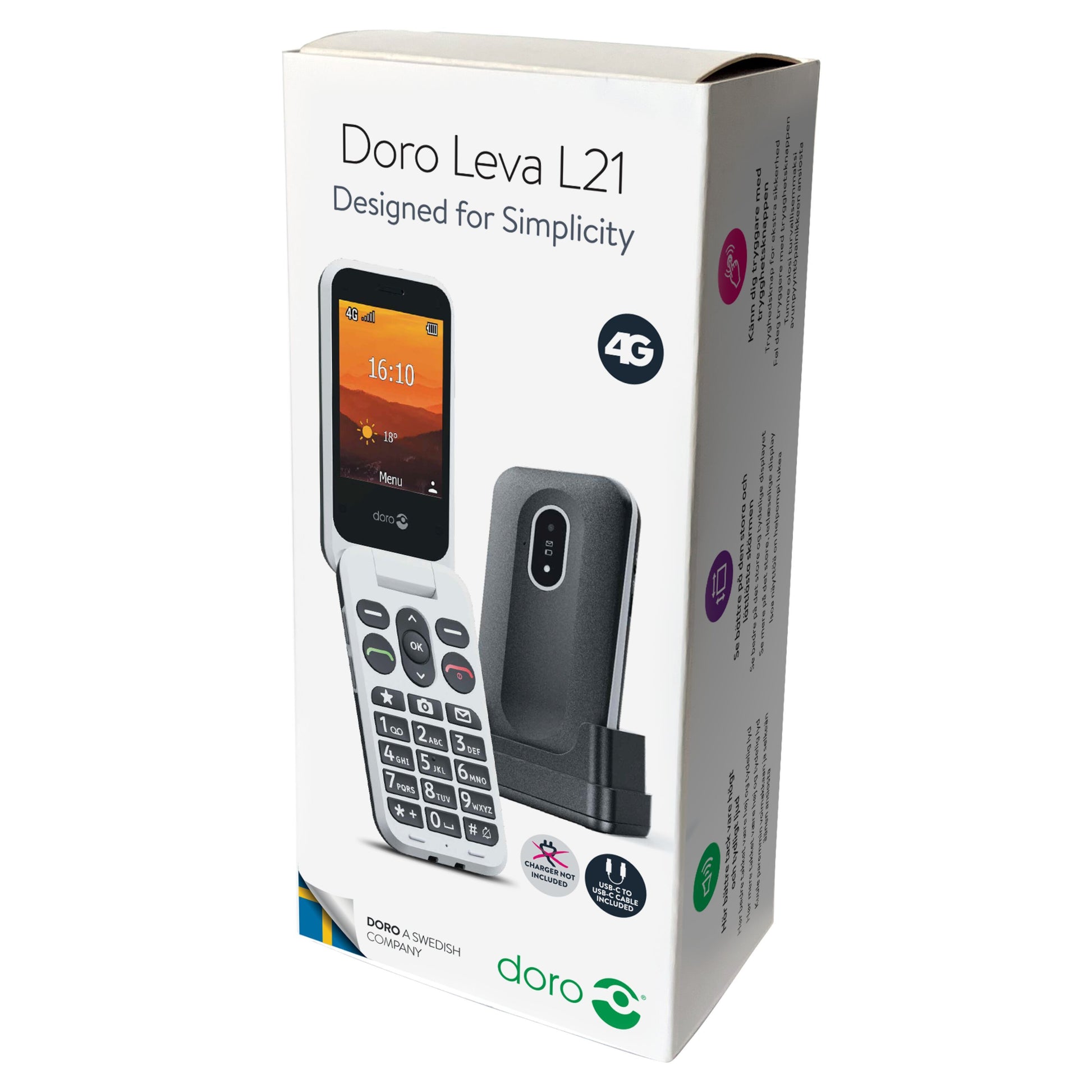 Doro Leva L21 mobiltelefon 4G i emballage med store knapper, opladerdock og 4G-logo synligt.