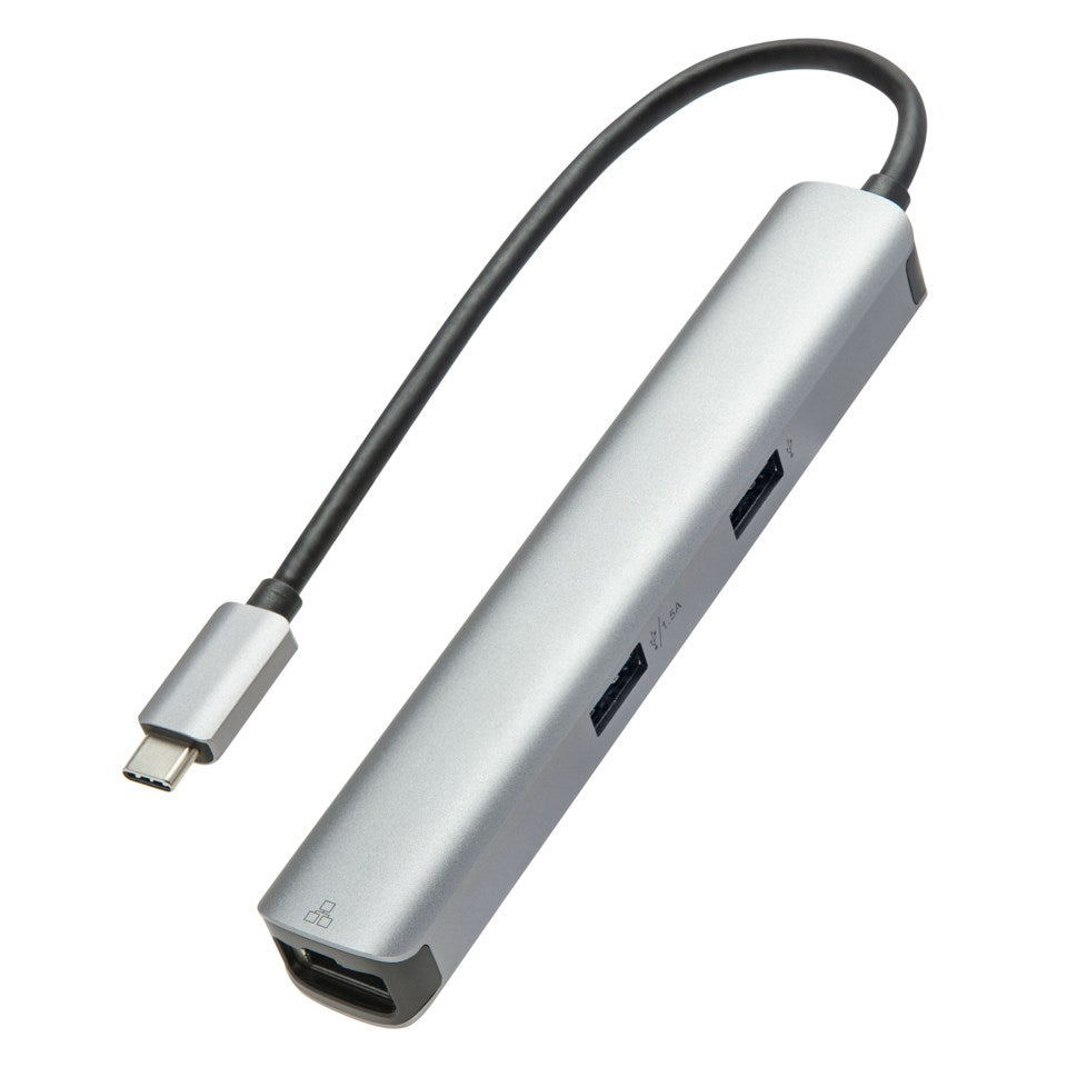 USB-C Multiadapter 6 porte sølv, kort sort kabel, USB-porte på siden, RJ45 netværk, 4K HDMI-port i enden.