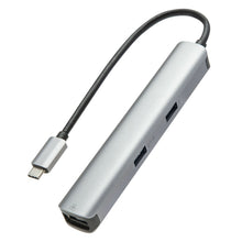 USB-C Multiadapter 6 porte sølv, kort sort kabel, USB-porte på siden, RJ45 netværk, 4K HDMI-port i enden.