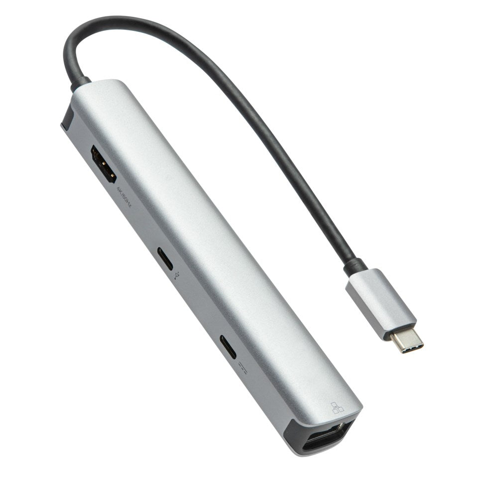 Plexgear USB-C Multiadapter 6 porte sølv med sort kabel, HDMI 4K, USB, RJ45 netværk og USB-C porte på siden.