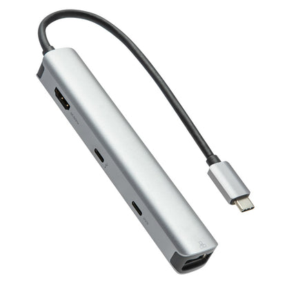 Plexgear USB-C Multiadapter 6 porte sølv med sort kabel, HDMI 4K, USB, RJ45 netværk og USB-C porte på siden.