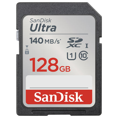 Sandisk Ultra SD-kort 128GB SDXC UHS-I Class 10 U1 op til 140MB/s grå/rød label med Sandisk-logo og specifikationer.