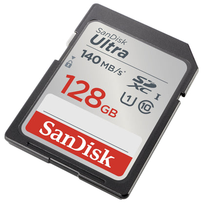 Sandisk Ultra SD-kort 128GB SDXC, 140MB/s, sølv med rød, sort og hvid tekst og symboler for specifikationer.