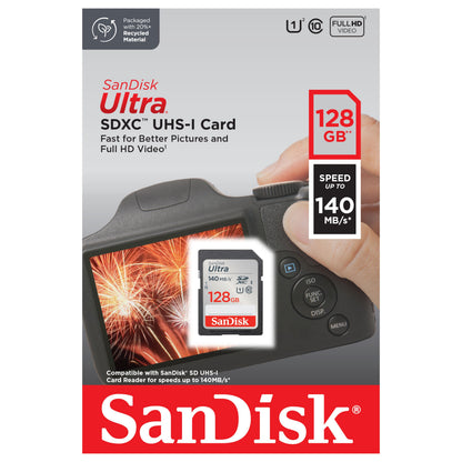 Sandisk Ultra SD-kort 128GB SDXC emballage med kamera, 140MB/s hastighed og SD-enheder kompatibilitet.