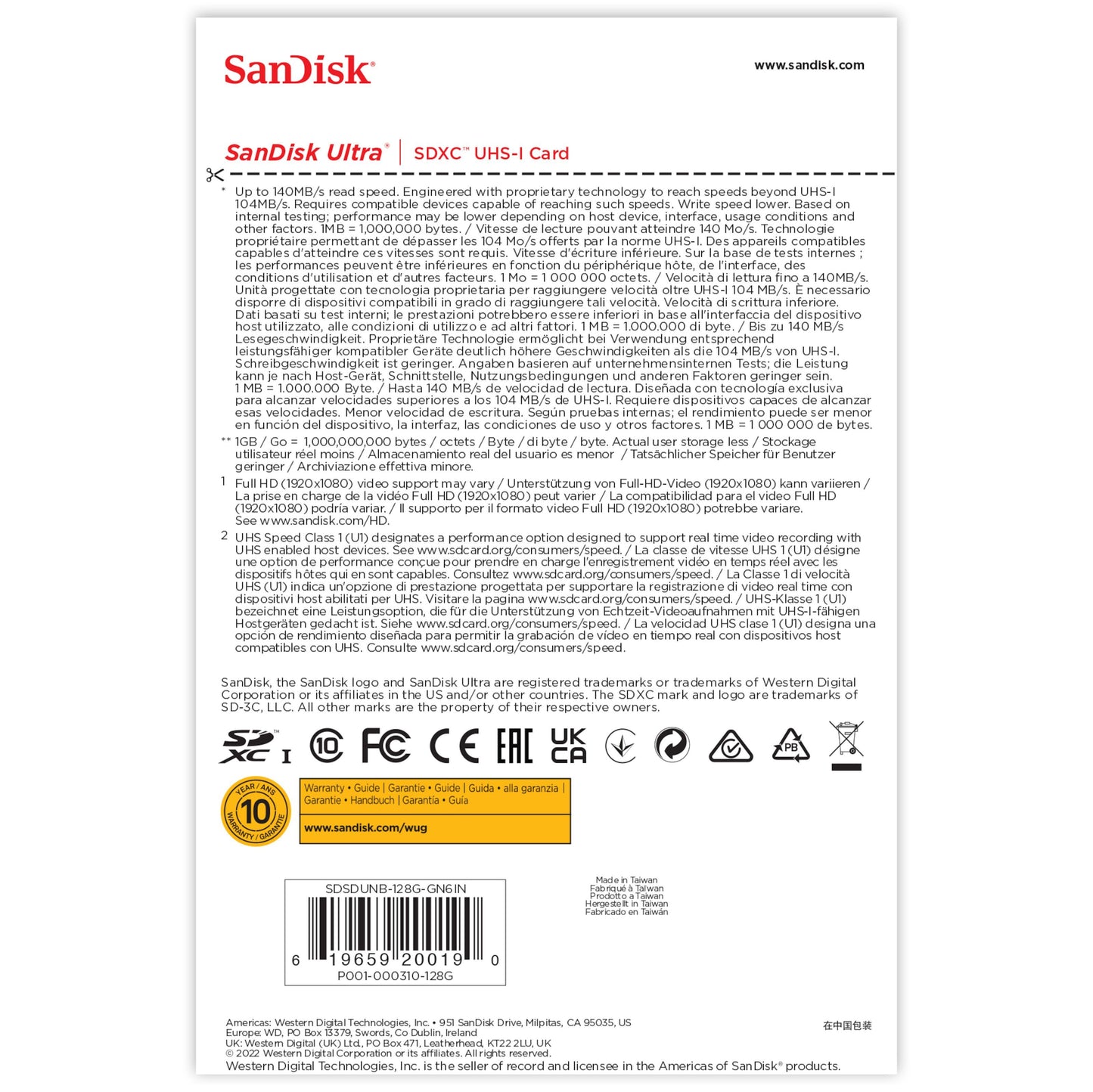 Sandisk Ultra SD-kort 128 GB SDXC bagside med produktdetaljer, specifikationer, certificeringer og garantiinfo på flere sprog.