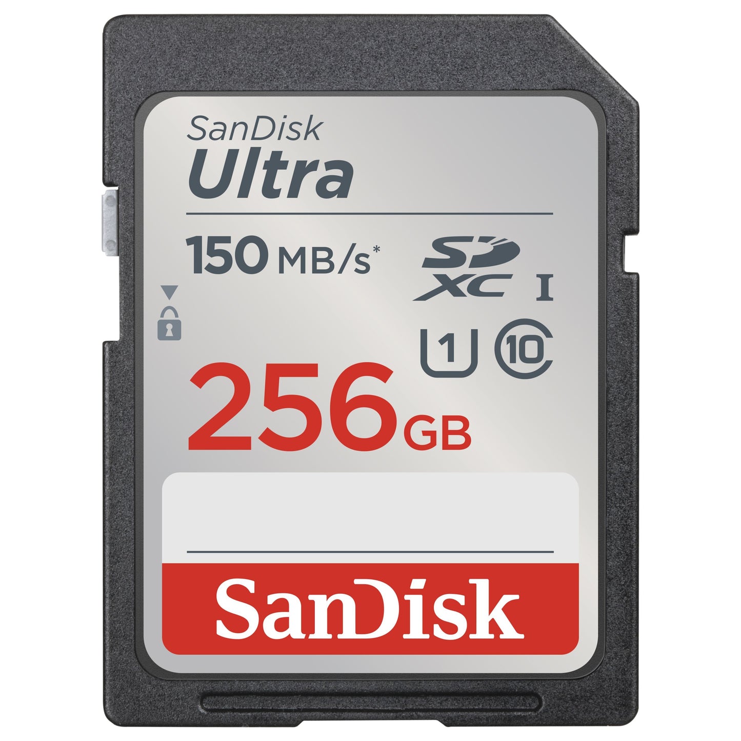 Sandisk Ultra SD-kort 256GB SDXC, op til 150MB/s, grå med rød/hvid label, ydelses- og klassesymboler.