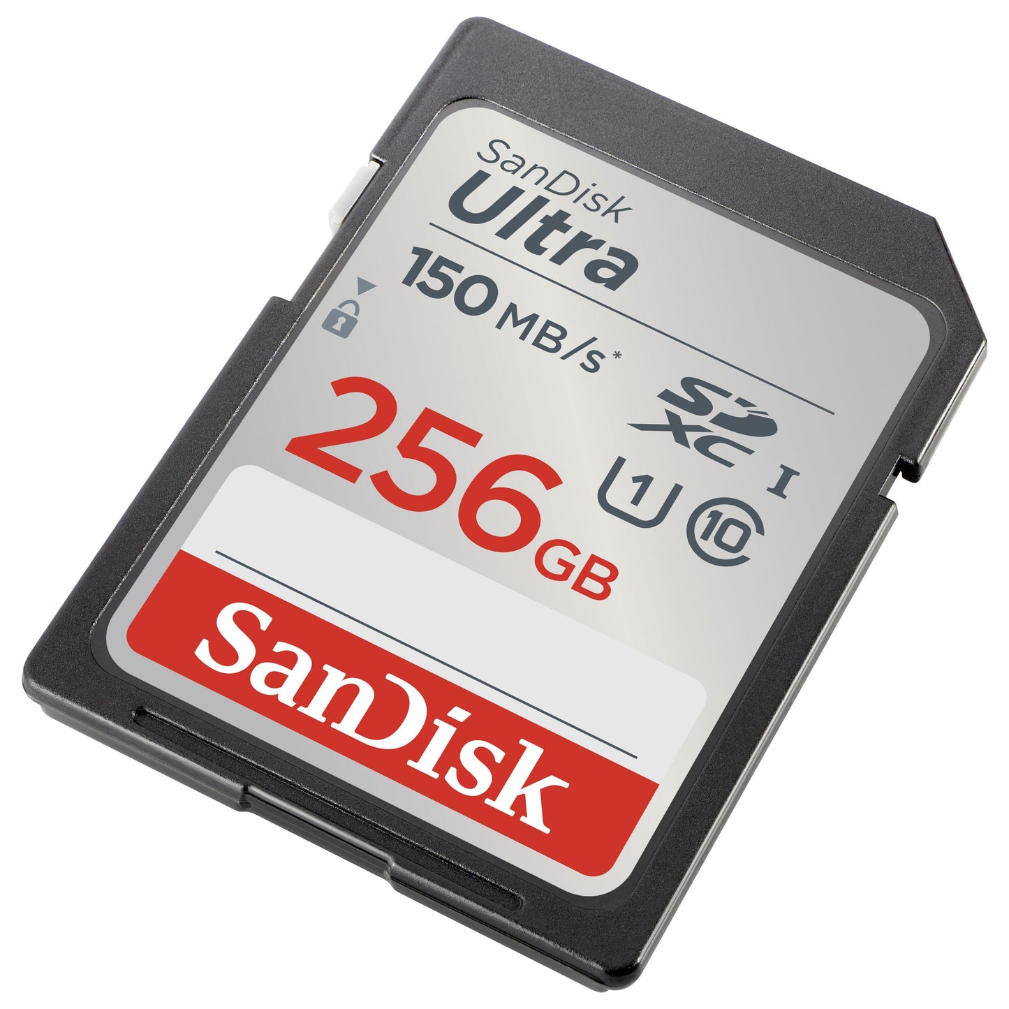 Sandisk Ultra SD-kort 256GB SDXC UHS-I Class 10 op til 150MB/s læsehastighed vises fra vinkel.