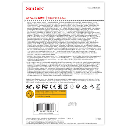 SanDisk Ultra SDXC 256GB bagside med 150 MB/s hastighed, certifikationslogoer, stregkode og garantitekst.