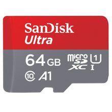 Sandisk Ultra MicroSD-kort 64GB SDXC rød/grå med A1, UHS-I og Class 10 symboler.