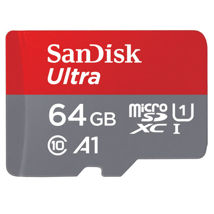 Sandisk Ultra MicroSD-kort 64GB SDXC rød/grå med A1, UHS-I og Class 10 symboler.