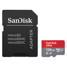 SanDisk Ultra microSD 128GB SDXC kort med SanDisk microSD-adapter, synlige hastigheds- og klassesymboler.