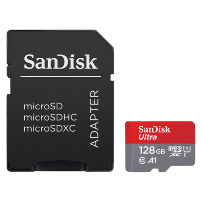 SanDisk Ultra microSD 128GB SDXC kort med SanDisk microSD-adapter, synlige hastigheds- og klassesymboler.