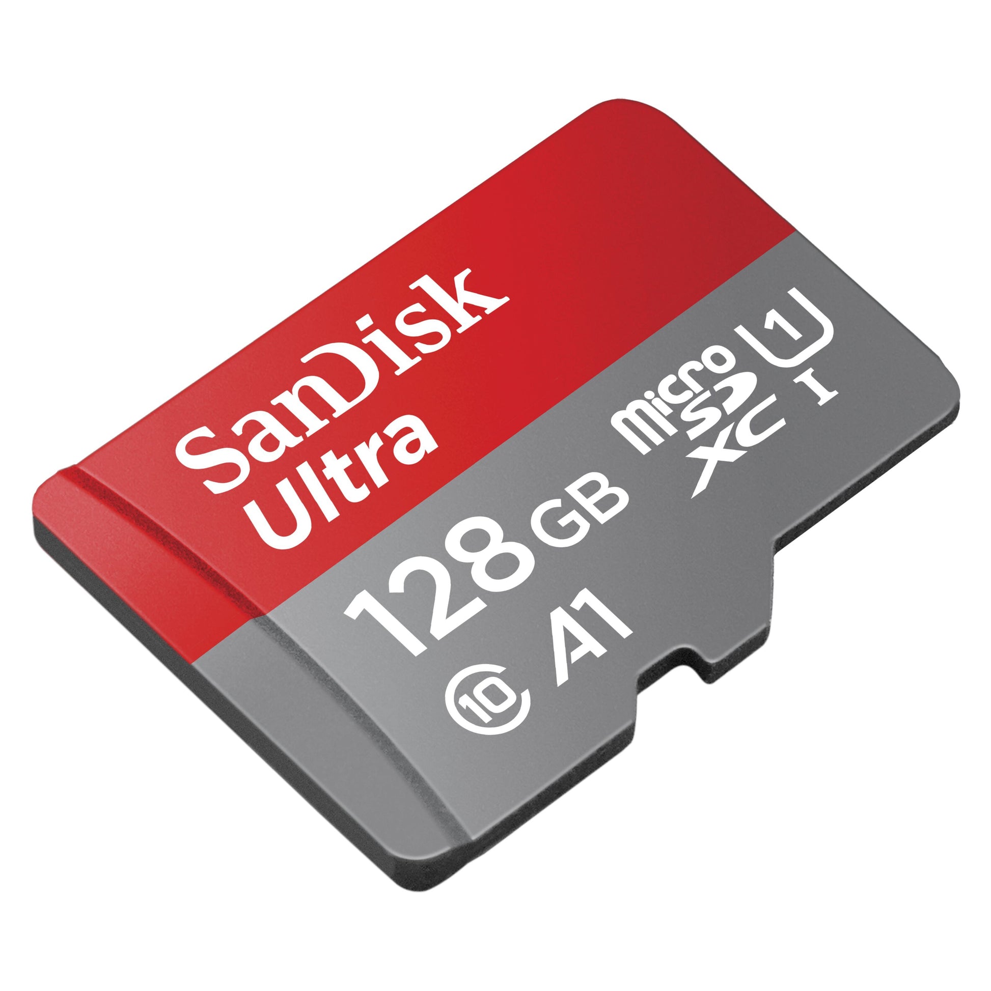 Sandisk Ultra MicroSD-kort 128GB SDXC, rød-grå, A1 U1 Class 10, hurtig overførselshastighed.