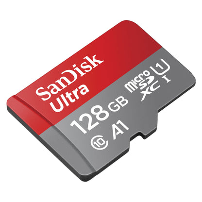 Sandisk Ultra MicroSD-kort 128GB SDXC, rød-grå, A1 U1 Class 10, hurtig overførselshastighed.