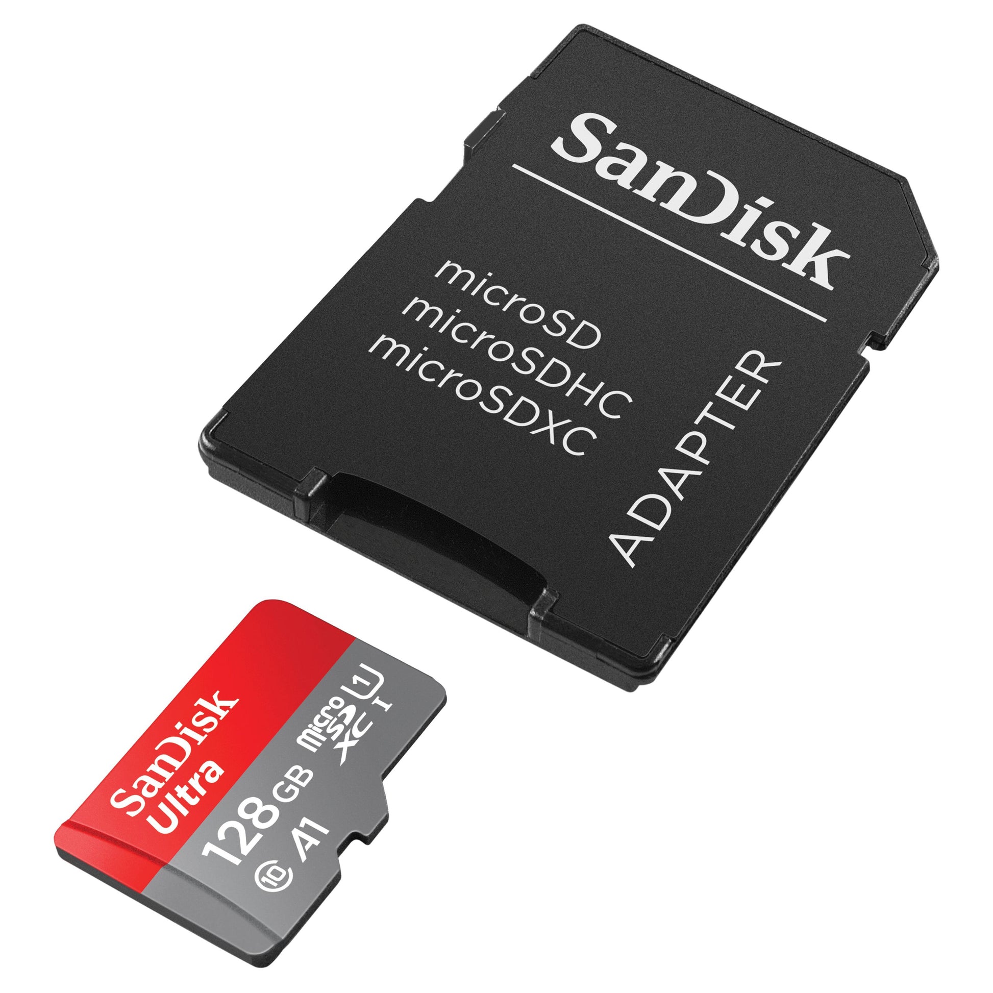 Sandisk Ultra microSD-kort 128GB SDXC med sort adapter mærket "microSD, microSDHC, microSDXC ADAPTER.