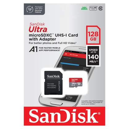 Sandisk Ultra Micro-SD 128GB SDXC med adapter, kompatibel med Android og A1-apps, op til 140MB/s, Full HD-video.